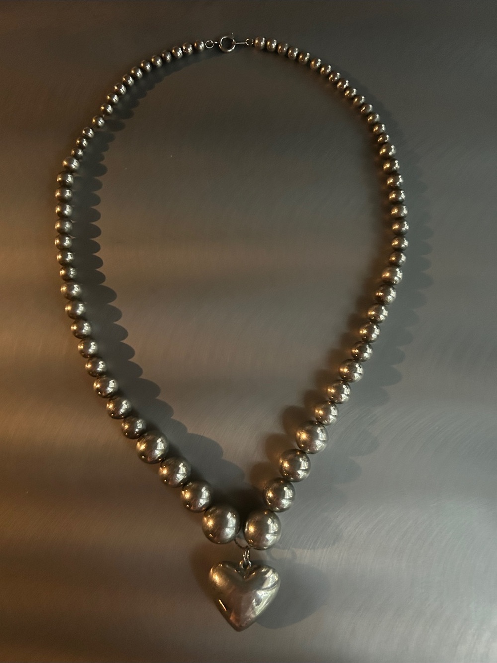 Vintage Silver-Tone Beaded Necklace with Heart Pendant - Women's Jewelry